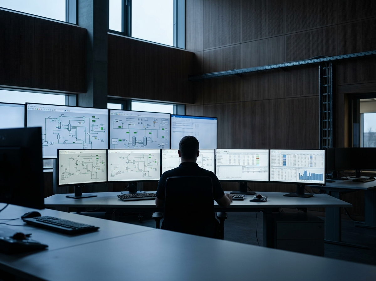 Operations-Leitstand mit Multi-Screen-Wall und Operator-Silhouette